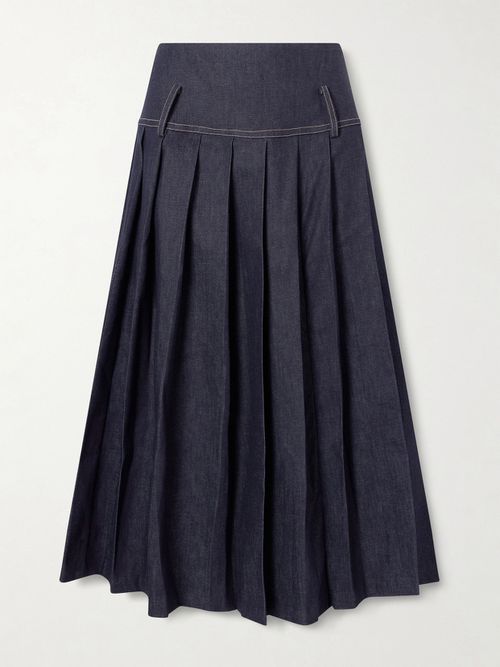 Pleated Denim Maxi Skirt - Blue