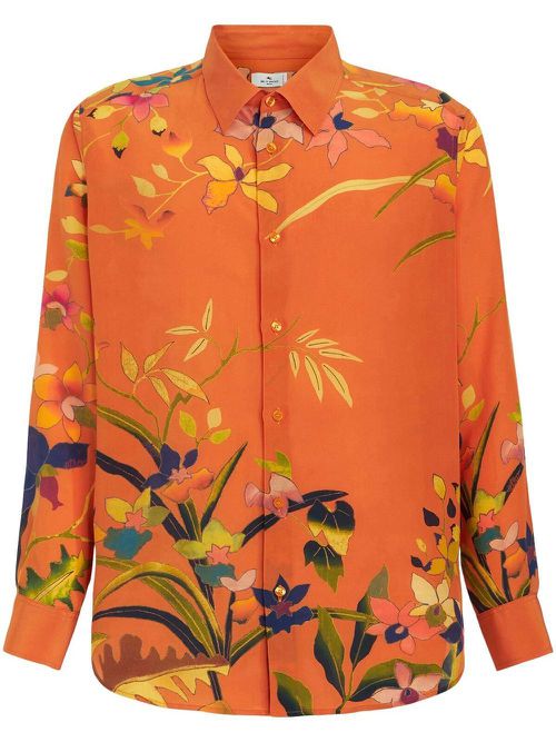 Floral-print silk shirt - Orange