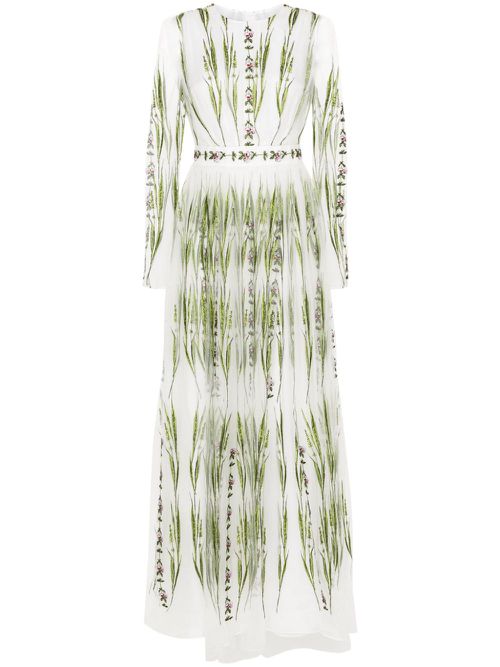 Floral-embroidered tulle dress - Neutrals