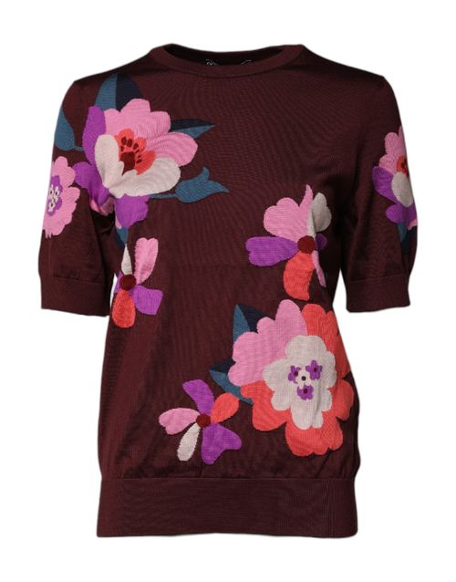 Floral Silk Crew Neck Blouse — Maroon