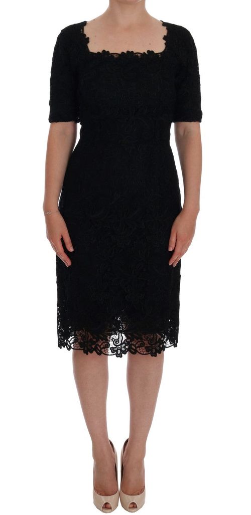 Lace-Trimmed Floral Jacquard Dress — Black