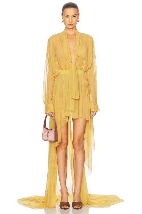 Norma Kamali Hi Low Super Oversized Boyfriend Shirt Flared Gown With Bow in Asparagus - Mustard.  XS also in M