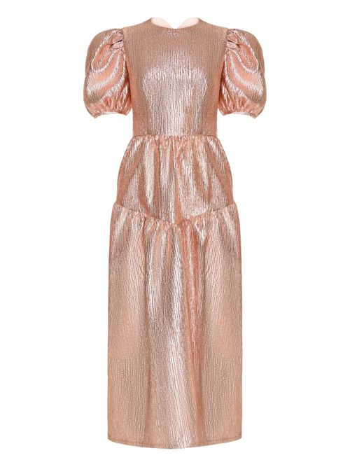 Puff-sleeve metallic midi dress - Gold