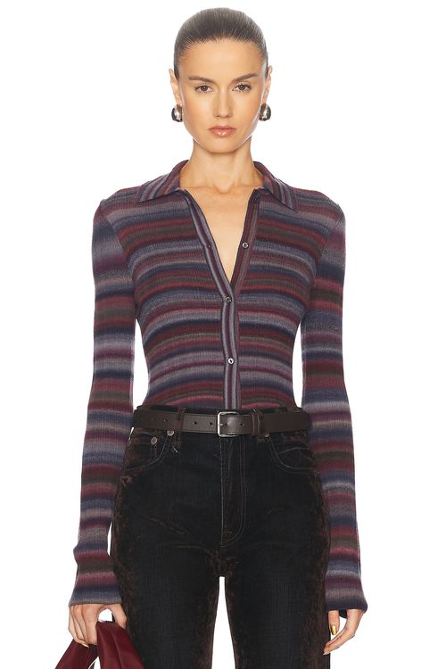 RE/DONE Ribbed Polo Cardigan in Lavender Combo - Lavender.  S also in
