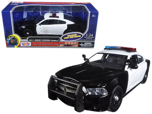 2011 Dodge Charger Pursuit Police Car Black and White with Flashing Light Bar and Front and Rear Lights and 2 Sounds 1/24 Diecast Model Car by 