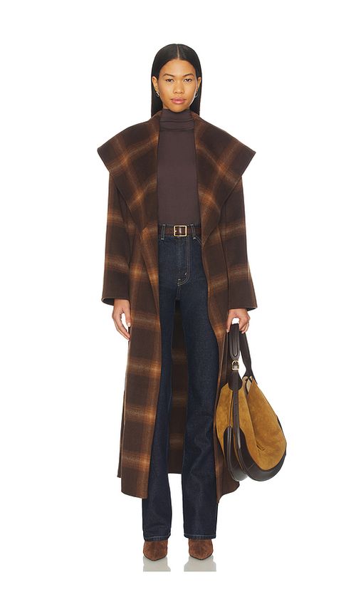 SIMKHAI Mulholland Plaid Robe Coat in Brown. S. Also in L
