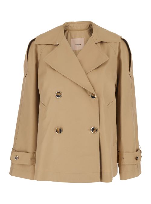 Double-Breasted Tech Fabric Trench Coat — Beige