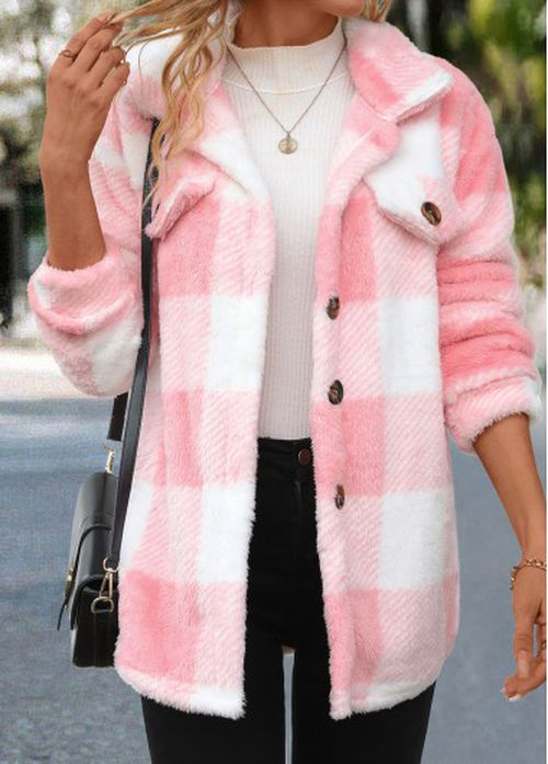 Modlily Light Pink Button Plaid Long Sleeve Coat