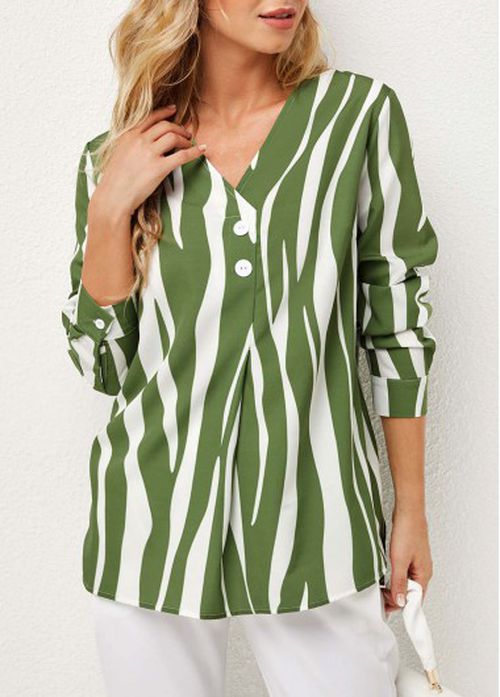 Modlily V Neck Striped Decorative Button Blouse