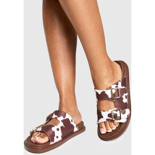 Boohoo Women's Cow Print Buckle Sandals in Tan
