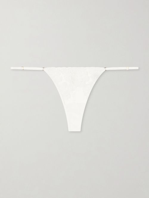 Fleurs Veloutes Lace-trimmed Mesh Thong - Ivory