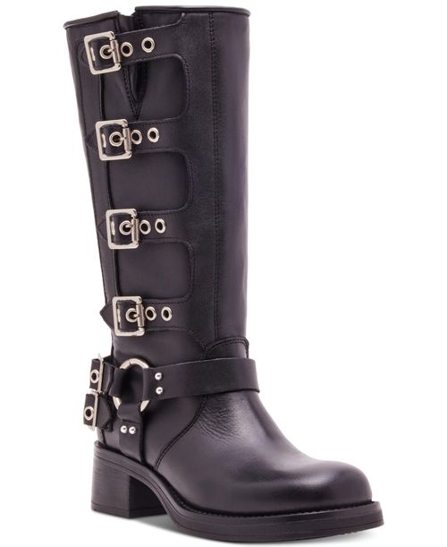 Women's Rocky Knee-High Buckled Moto Boots - Black Leather