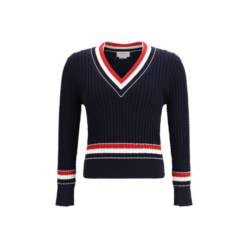 Intarsia Cable-Knit V-Neck Sweater — Navy