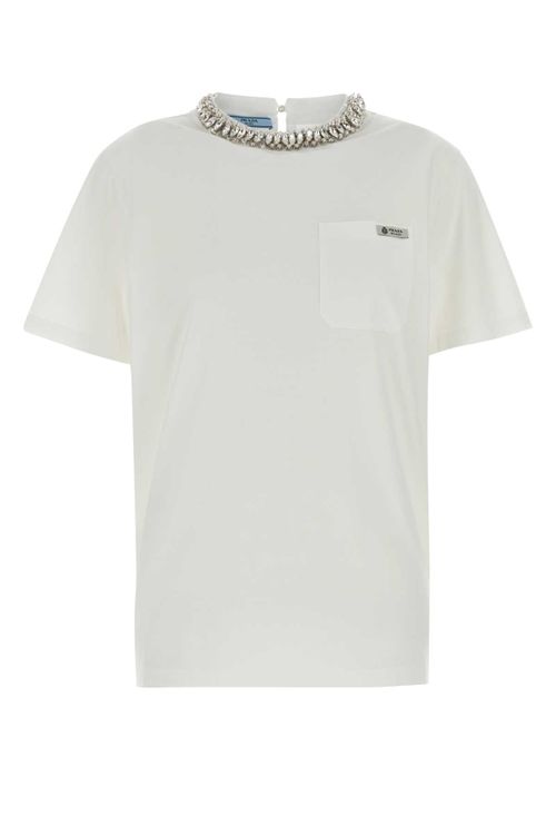 Crystal-Embellished Crew Neck Cotton T-Shirt — White