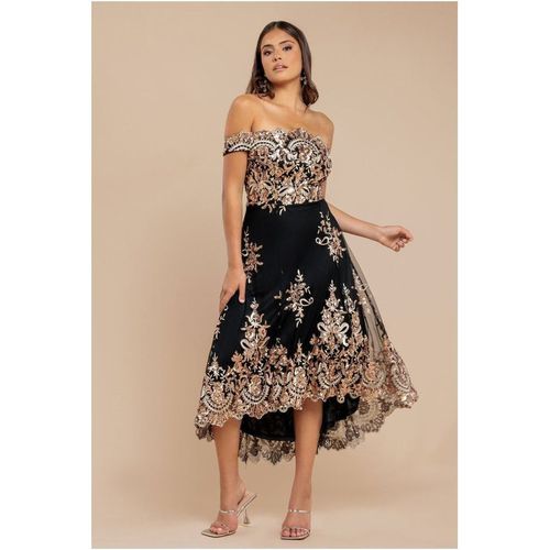 Goddiva Bardot Sequin & Lace High Low Midi - Champagne