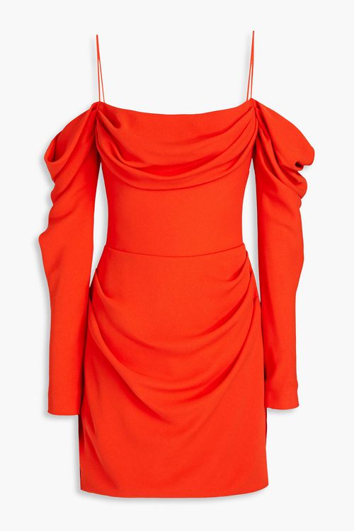 Cold-shoulder gathered crepe mini dress