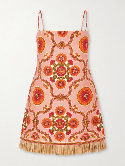 Valencia Printed Fringed Linen Mini Dress