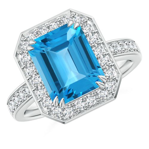 Angara 4.0 Carats Emerald-Cut Swiss Blue Topaz Engagement Ring with Diamonds in Platinum