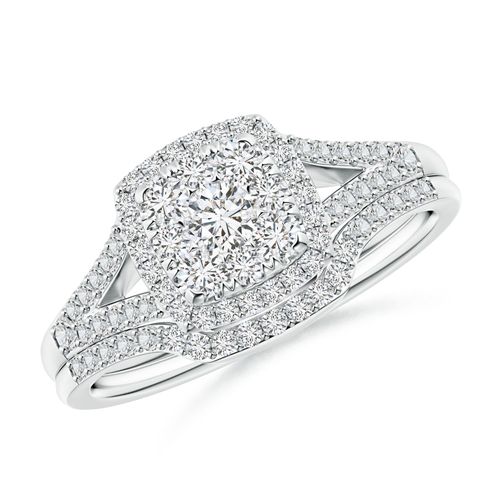 Angara 0.67 Carat Cushion Composite Diamond Halo Split Shank Bridal Set in Platinum