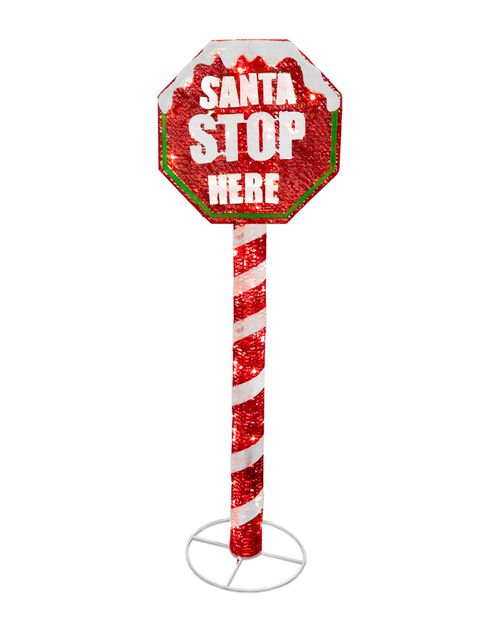 60in Sisal Red Stop Sign Pole with 100 White LED Mini Lights