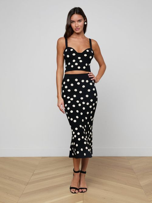 Mae Knit Flare Skirt In Black/ecru Polka Dot