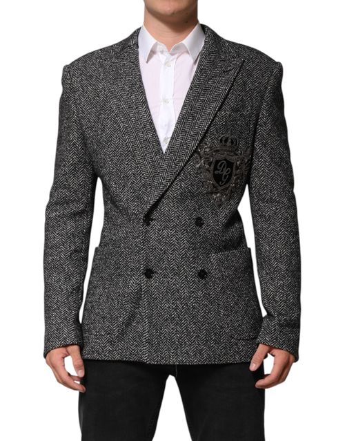 Herringbone Wool-Cotton Double-Breasted Blazer — Black