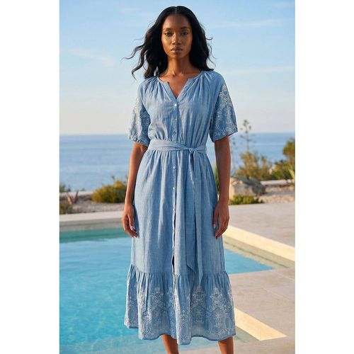 Roman Petite Cotton Embroidered Midi Dress In Blue