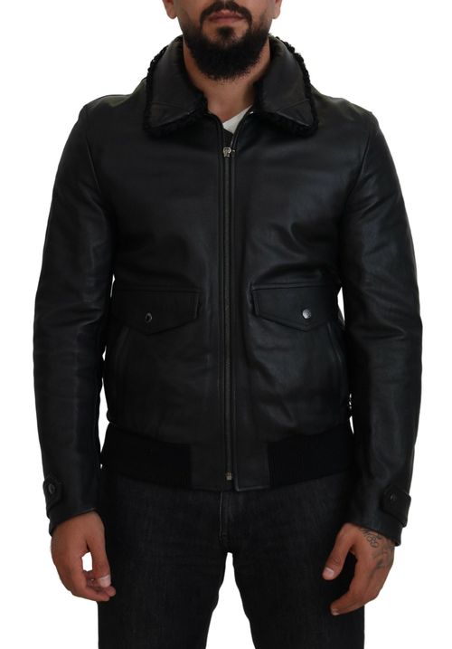 Lamb Leather Collared Jacket — Black