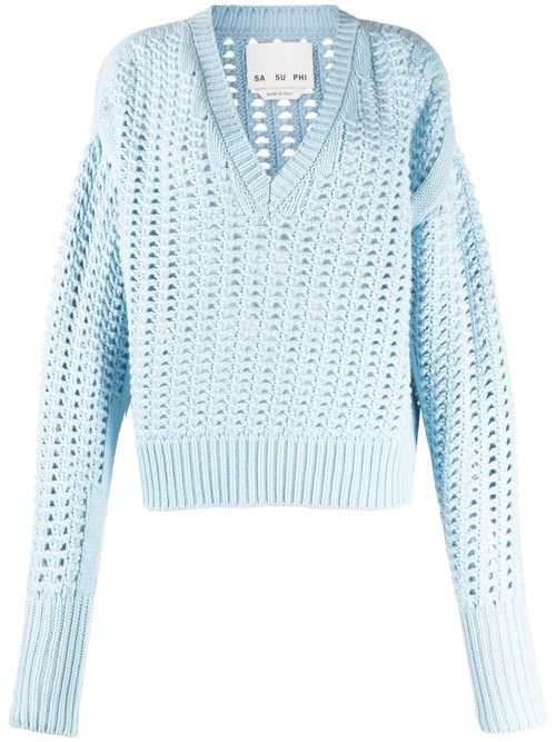 V-neck open-knit jumper - Blue