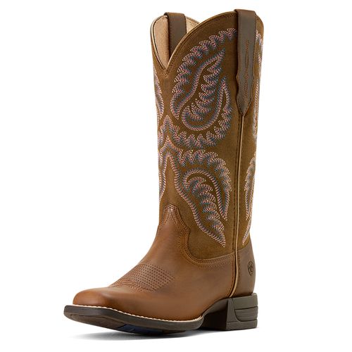 Women's Cattle Caite Wide Square Toe Western Boots in Distressed Brown Adobe Clay, B Medium Width, Size 3, by