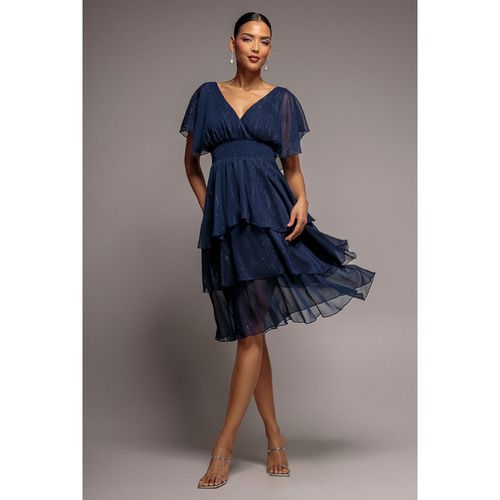 Goddiva Chiffon Layered Flutter Sleeve Midi Dress - Navy