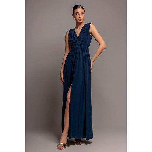 Goddiva Gathered Shoulder Wrap Neck Draped Waist Maxi Dress - Navy Blue