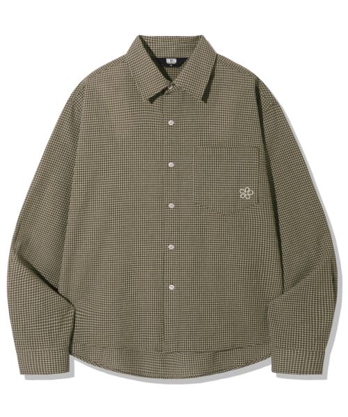 Flower Embroidery Crop Check Shirt_Khaki
