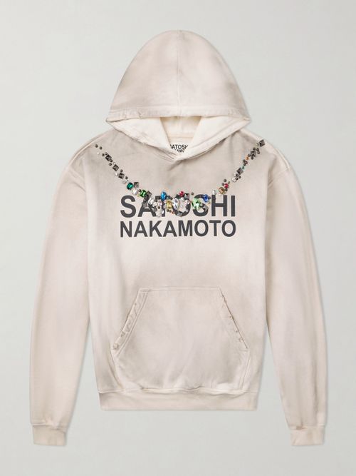 Necklace Logo-Print Embellished Distressed Cotton-Jersey Hoodie