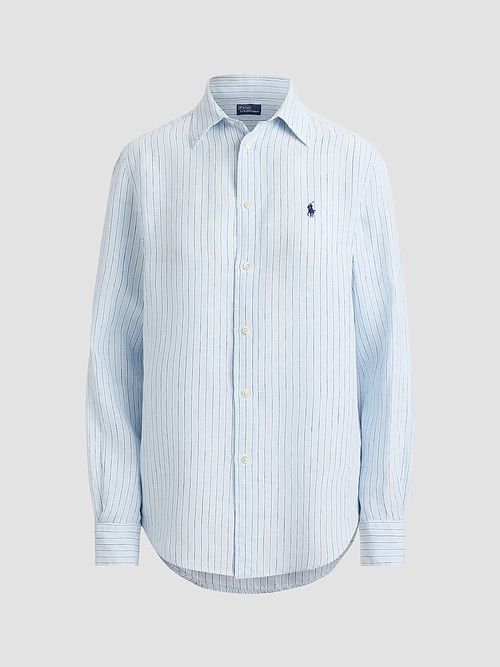 Women's Striped Linen Sport Shirt - Light Blue White