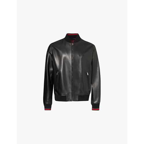 Mens Black Green Red Brand-embroidery Two-zip-pockets Regular-fit Leather Jacket