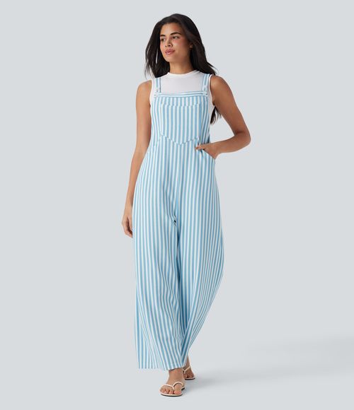 Pockets Stripe Waffle Overalls  - Sky Stripe