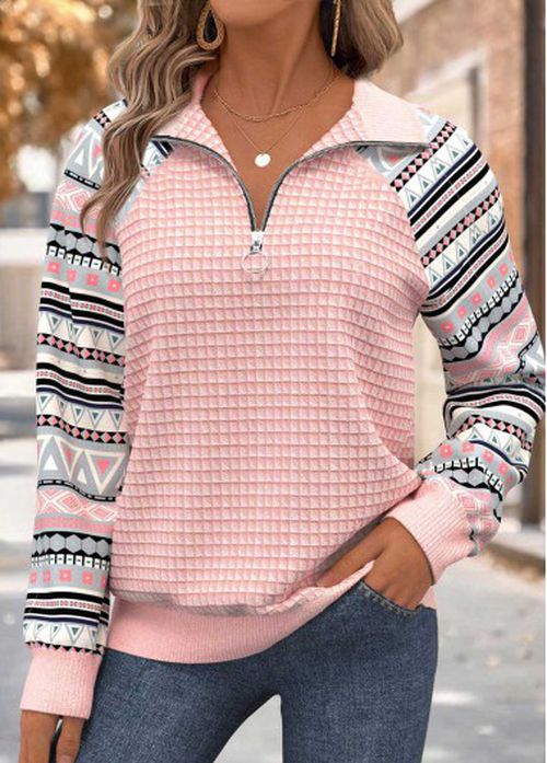 Modlily Light Pink Tummy Coverage Geometric Print Long Sleeve Sweatshirt