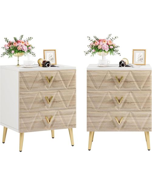 3-Drawer Nightstand Set of 2, Luxury Bedside Table End Table with Storage Drawers and Golden Legs, Modern Nightstand for Bedroom - Natural