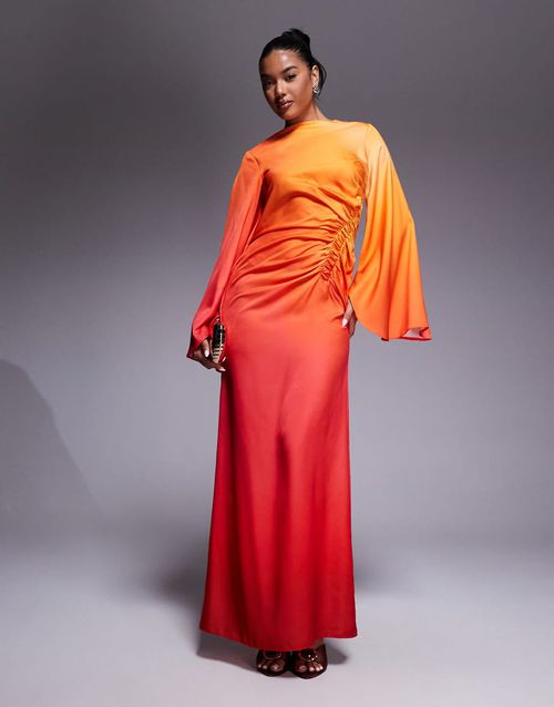 Exaggerated sleeve bias maxi dress with ruched waist in ombre-Multi