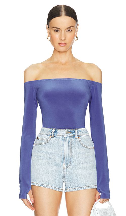 Norma kamali long sleeve off shoulder top en color azul L también en M, S, XL