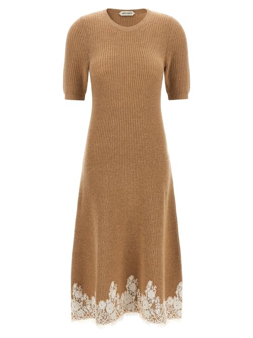 Cashmere Ribbed Knit with Lace Hem Dress — Brown