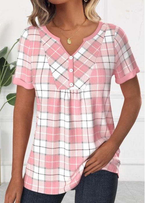 Modlily Light Pink Patchwork Plaid Short Sleeve T Shirt