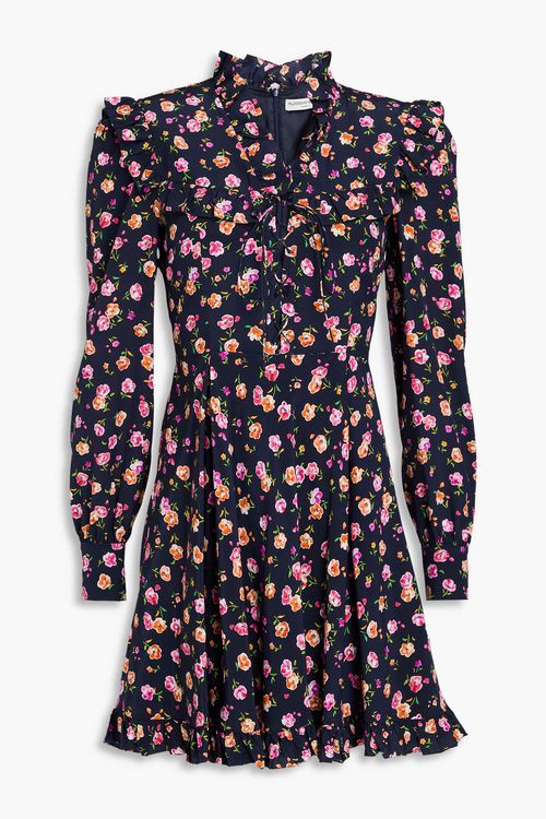 Pleated floral-print silk crepe de chine mini dress - Blue - IT 38
