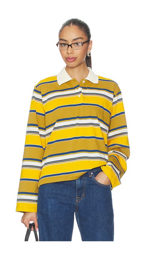 GRLFRND Long Sleeve Polo in Multi Stripe - Mustard,Tan. L also in M, S
