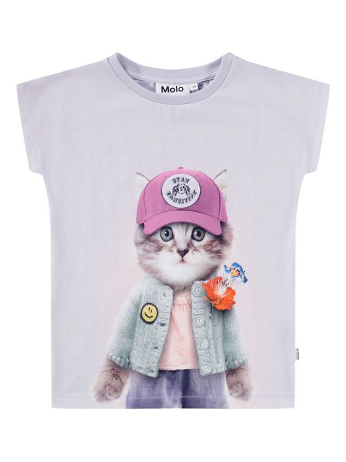 Cat-print short-sleeve T-shirt - Purple