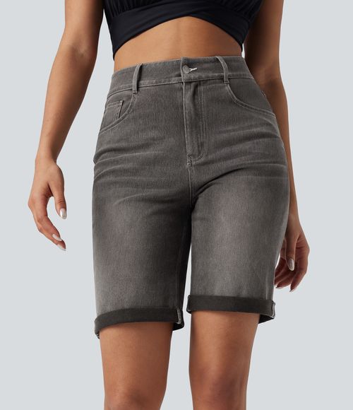 Flex™ High Waisted Pockets Rolled Hem Washed Denim Casual Bermuda Shorts  - Cool Gray Denim