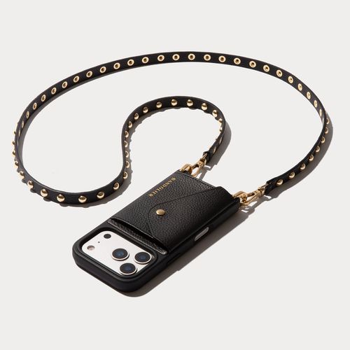 Annie Pebble Leather Crossbody Bandolier in Black/Gold | iPhone 16 Pro |