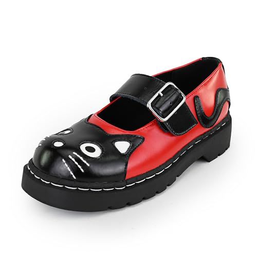T.U.K. Kitty Cat Red and Black Mary Janes Shoes for Women