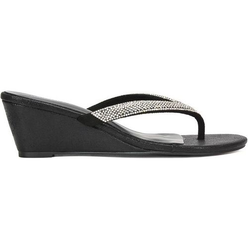 XY London Women's 'Nina' Wedge Heel Sandal Mules w/ Diamante Thong Strap in Black